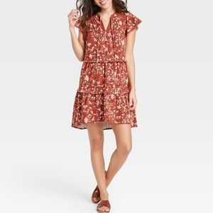 (L)- Knox Rose Women's Flutter Short Sleeve Knit Tiered Dress - Brown Floral